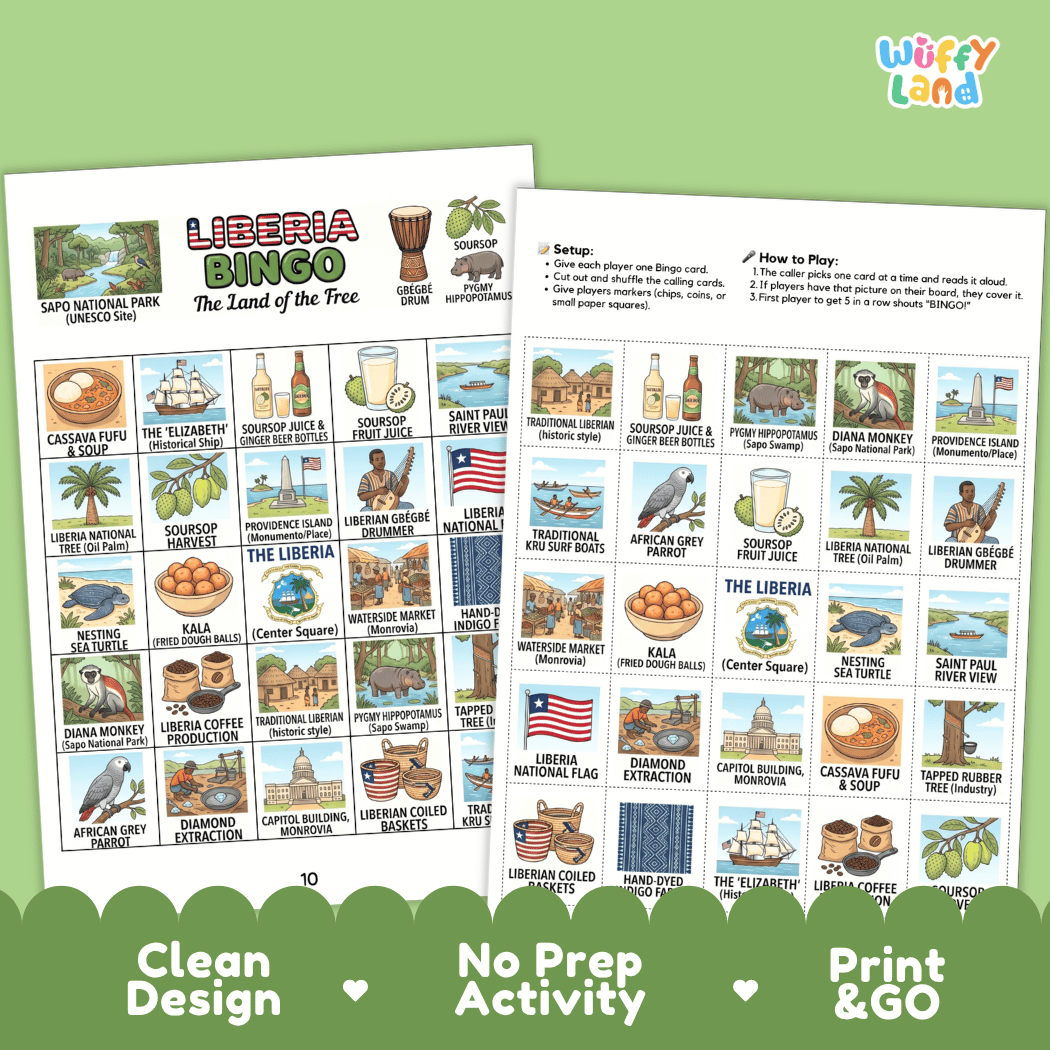 Liberia Geography Bingo Games Printable Activity