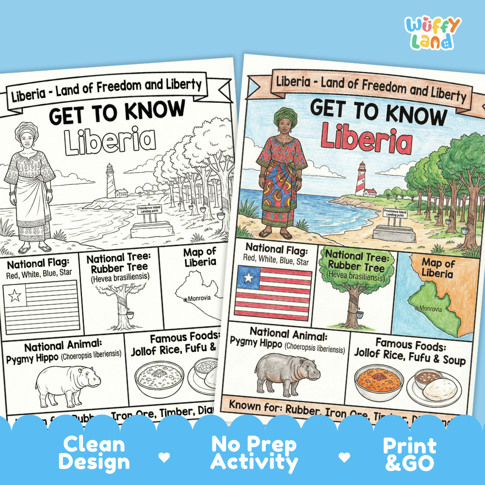 Liberia Geography Coloring Poster and Fact Sheet Printable Worksheets