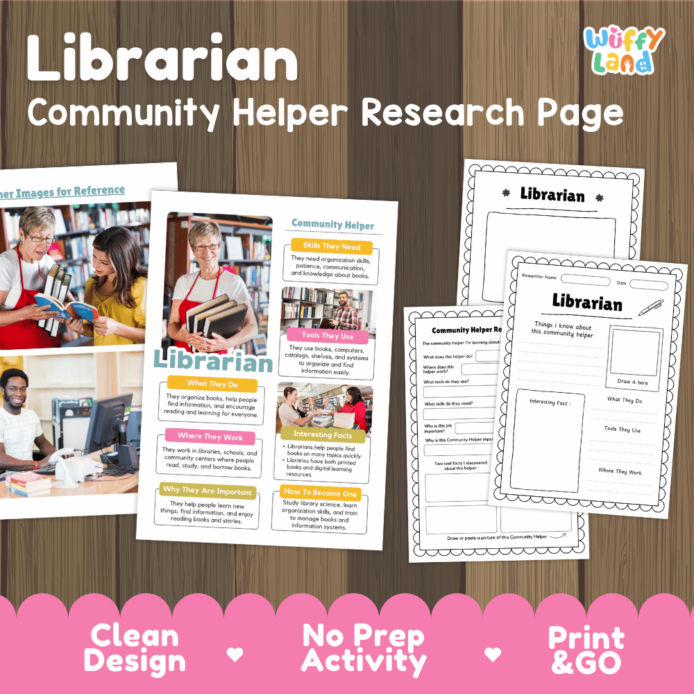 Librarian community helper research page writing worksheets pack featuring real photos and student activity pages for elementary social studies