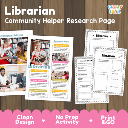 Librarian community helper research page writing worksheets pack featuring real photos and student activity pages for elementary social studies