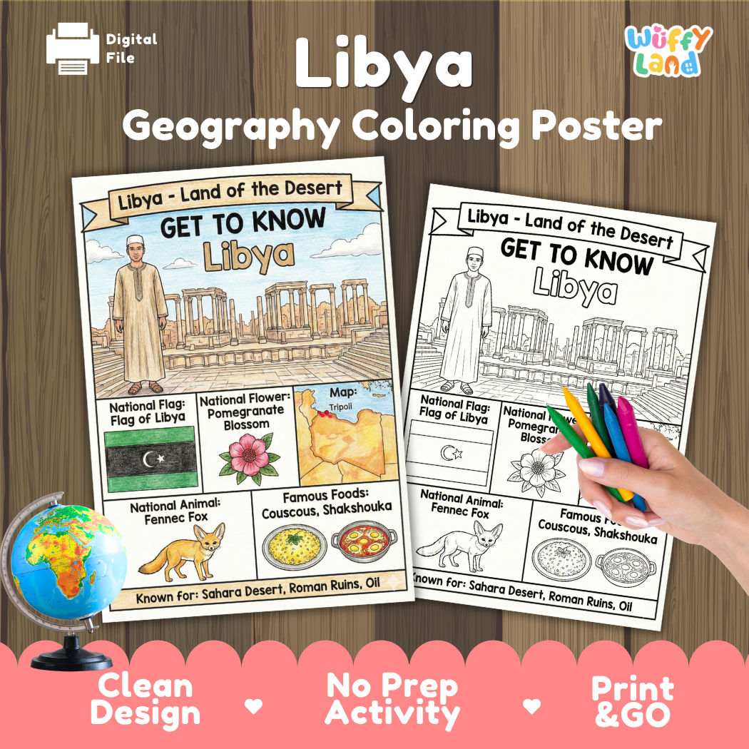 Get to know Libya coloring poster paired with photo flashcards of Leptis Magna, Tripoli Medina, Cyrene, and Libyan Dinar