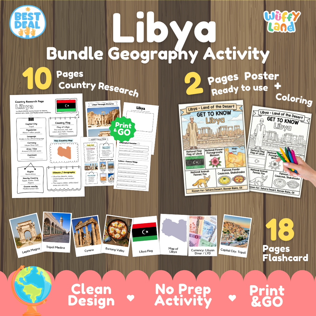 Libya geography activity bundle cover showing 10 country research pages, 2 ready to use coloring posters, and 18 photo flashcards
