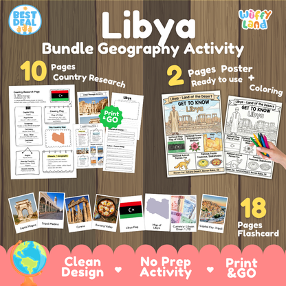 Libya geography activity bundle cover showing 10 country research pages, 2 ready to use coloring posters, and 18 photo flashcards