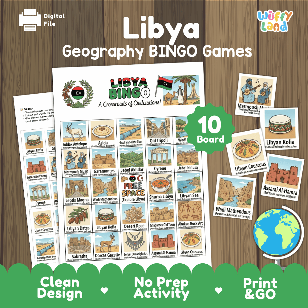 Libya Geography BINGO Game North African Country Study Activity Printable Boards