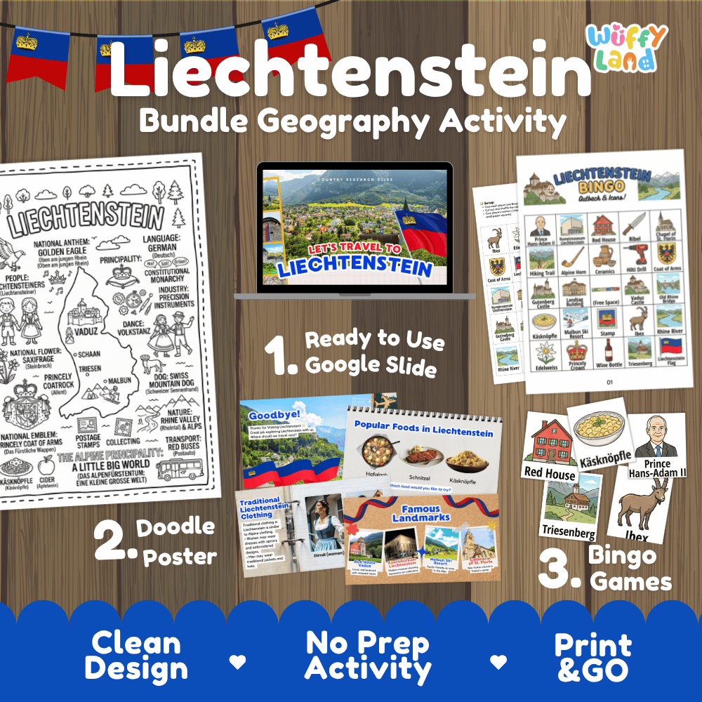 Complete Liechtenstein geography activity bundle featuring Google Slides, doodle coloring poster, and classroom bingo games 🇱🇮🎒