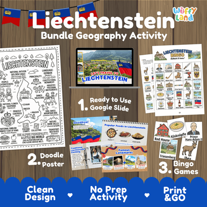 Complete Liechtenstein geography activity bundle featuring Google Slides, doodle coloring poster, and classroom bingo games 🇱🇮🎒