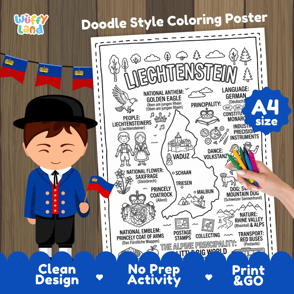 Liechtenstein country study doodle style coloring poster printable page featuring map, landmarks, and cultural symbols
