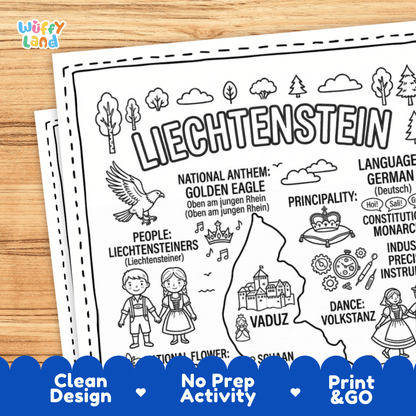 Cultural coloring page featuring traditional Liechtenstein attire, postage stamp collecting, Volkstanz folk dance, and German greetings