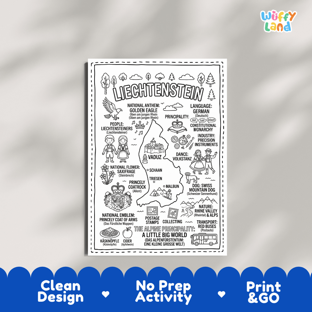 Educational activity coloring page highlighting Liechtenstein's national symbols including the Golden Eagle, Saxifrage flower, and Princely Coat of Arms