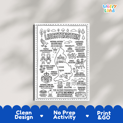 Educational activity coloring page highlighting Liechtenstein's national symbols including the Golden Eagle, Saxifrage flower, and Princely Coat of Arms
