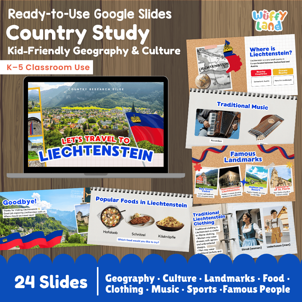 Interactive Google Slides deck displaying famous Liechtenstein landmarks like Vaduz Castle and traditional food like Käsknöpfle 💻🏰