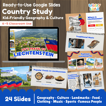 Interactive Google Slides deck displaying famous Liechtenstein landmarks like Vaduz Castle and traditional food like Käsknöpfle 💻🏰