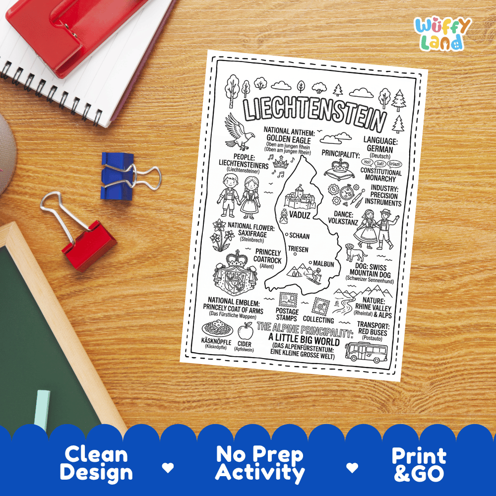Educational activity coloring page highlighting Liechtenstein's national symbols including the Golden Eagle, Saxifrage flower, and Princely Coat of Arms