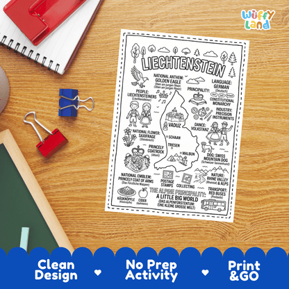 Educational activity coloring page highlighting Liechtenstein's national symbols including the Golden Eagle, Saxifrage flower, and Princely Coat of Arms