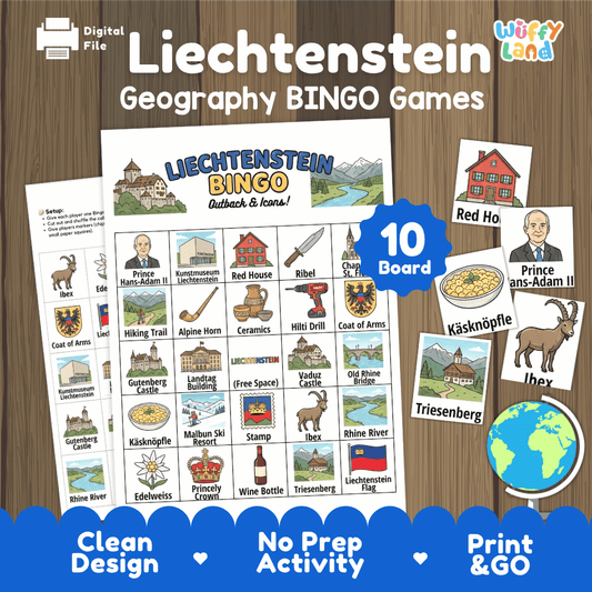 Classroom educational Bingo game cards featuring Prince Hans-Adam II, Käsknöpfle pasta, Red House, and Alpine Horn 🎲🧀