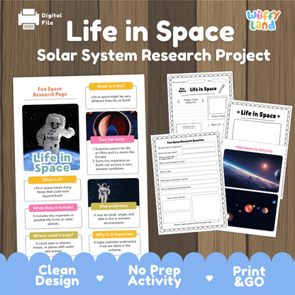 Digital educational resource cover for 'Life in Space Solar System Research Project' by Wiffly Land, featuring sample pages of a space-themed research page, worksheet, and activity on a wood-grain background with blue banner accents.