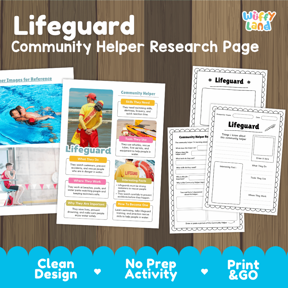 Lifeguard community helper research page writing worksheets pack featuring real photos and student activity pages for elementary social studies