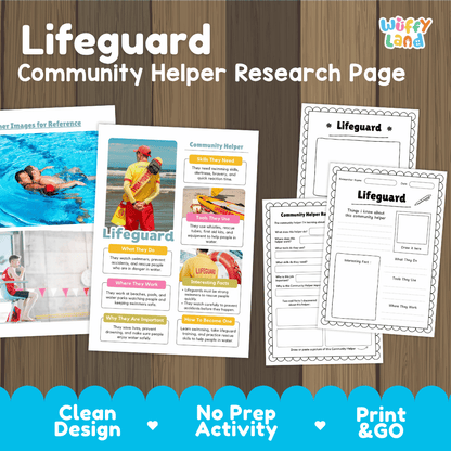 Lifeguard community helper research page writing worksheets pack featuring real photos and student activity pages for elementary social studies