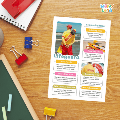 Guided student writing worksheets with lined sections for recording facts and a dedicated box for drawing or pasting a picture of a lifeguard