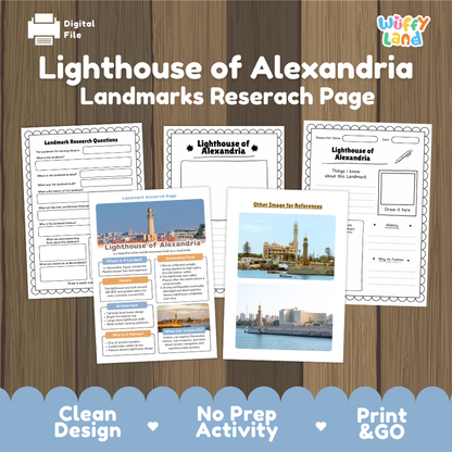 Digital product preview for a 'Lighthouse of Alexandria Landmarks Research Page' activity sheet set by Wiffy Land. The image shows several printable worksheet pages laid out on a wood plank background, with feature callouts at the bottom reading 'Clean Design', 'No Prep Activity', and 'Print & GO'.