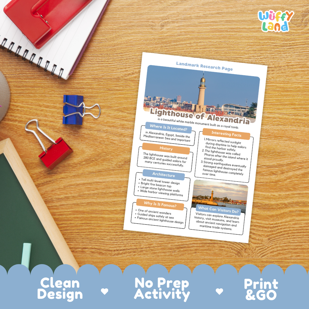 A printed 'Lighthouse Research Page' activity sheet lies on a wooden desk, surrounded by school supplies including a spiral notebook, red and blue binder clips, and a chalkboard. The sheet features a photo of the Lighthouse of Alexandria and sections for writing, thinking, history, architecture, and fun facts.