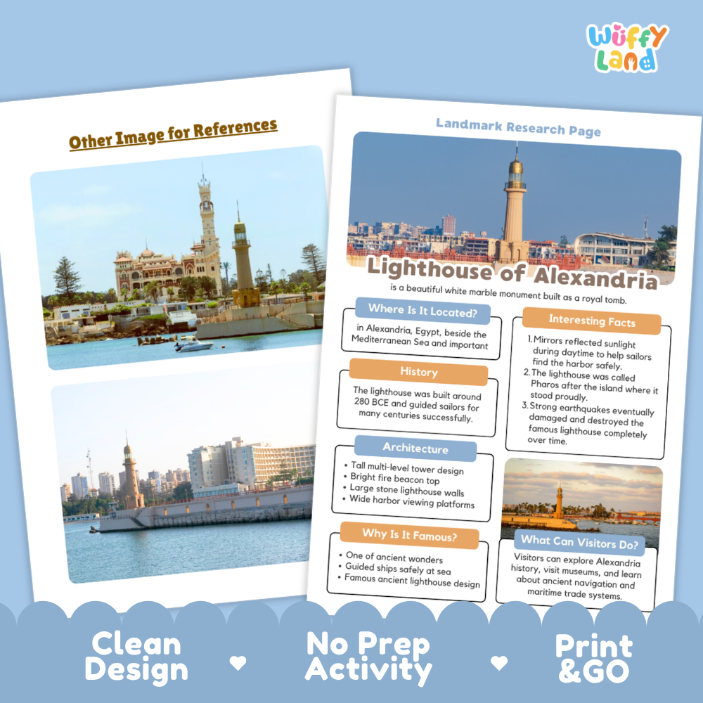 An educational activity sheet titled 'Landmark Research Page' about the Lighthouse of Alexandria, featuring a printed photo of the lighthouse and surrounding harbor, alongside text sections on location, history, architecture, and why it is famous. The sheet is shown on a white background with decorative blue banner elements at the bottom and a 'wiffly land' logo in the top right corner.