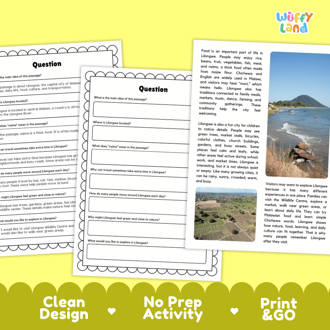 Lilongwe Landmark Reading Passages and Comprehension Worksheets
