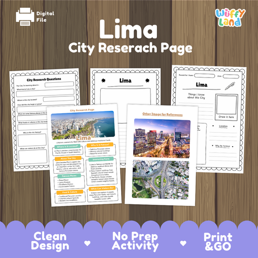 A digital product preview for a 'Lima City Research Page' activity sheet by Wiffy Land, displayed on a brown wood-grain background with a purple banner at the bottom highlighting key features like 'Clean Design', 'No Prep Activity', and 'Print & GO'.