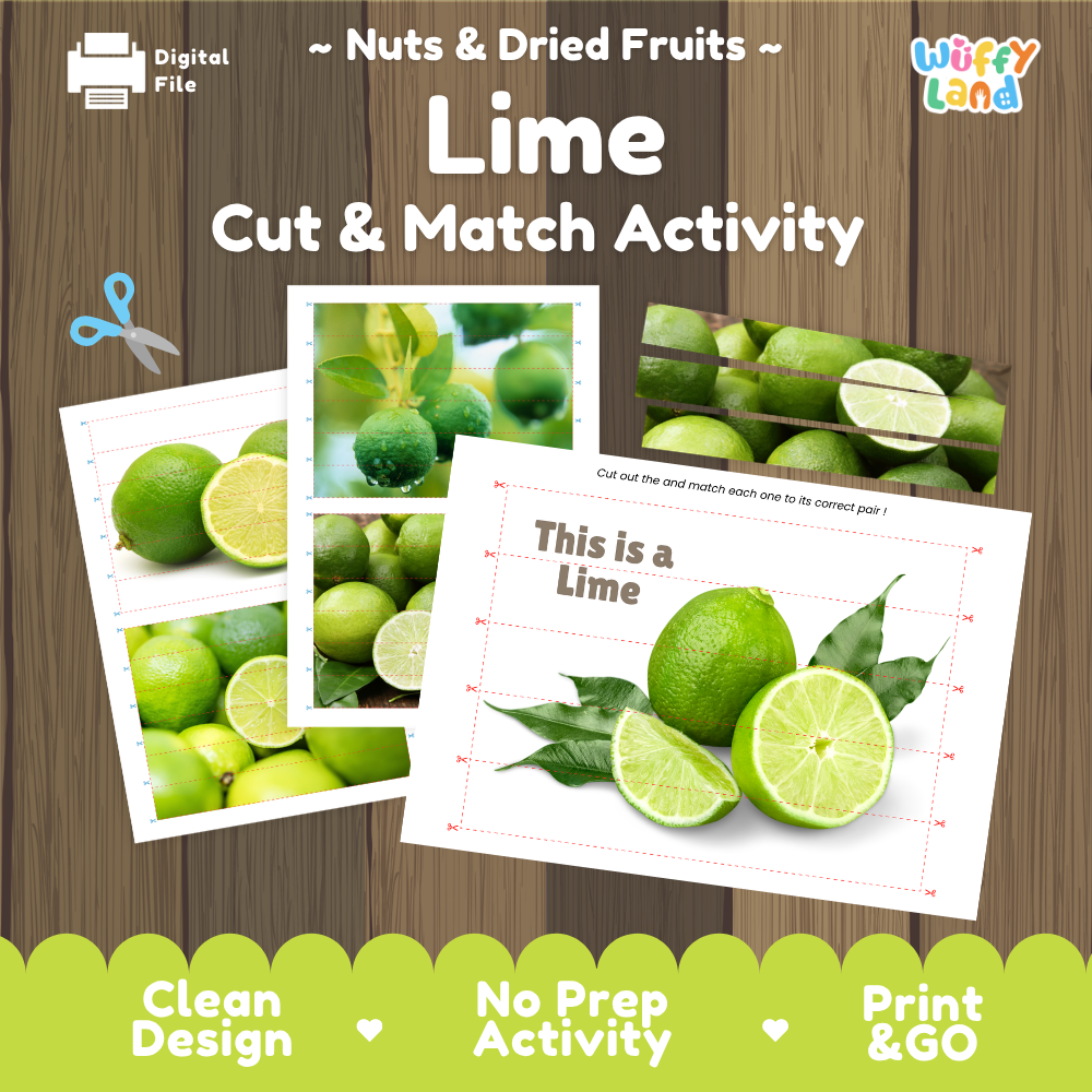 Lime cut and match activity cover showing printable fine motor puzzle sheets and citrus photographs