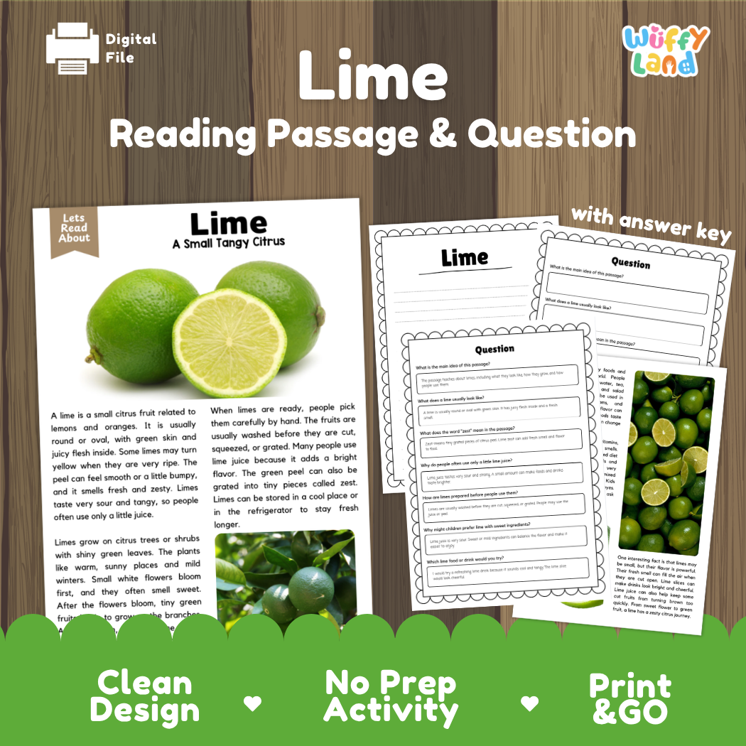 Lime reading comprehension passage and questions printable activity pack with answer key for elementary students