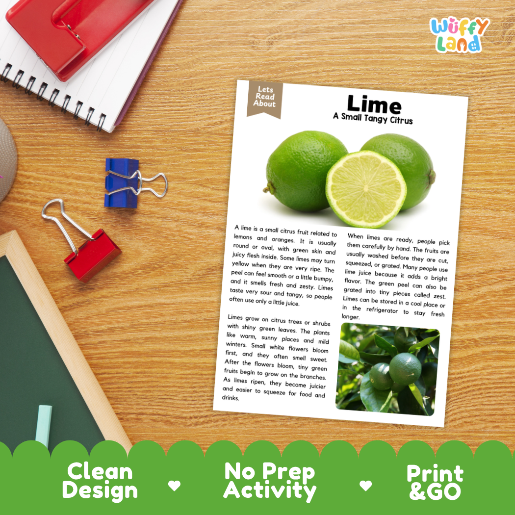 Student reading comprehension worksheet with short-answer questions and lined sections about lime citrus fruit