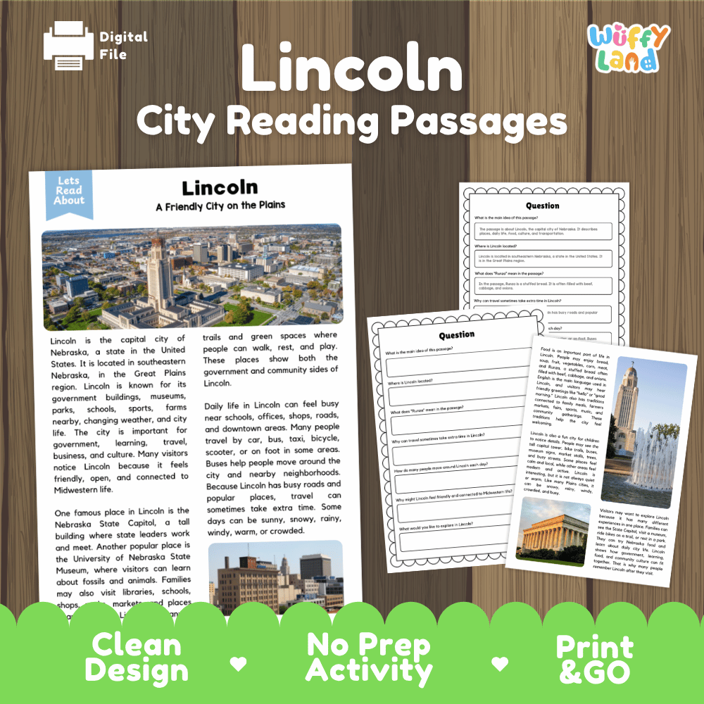 Lincoln city reading passages and comprehension worksheet educational unit featuring nonfiction text and authentic Lincoln Nebraska capitol and plains photography