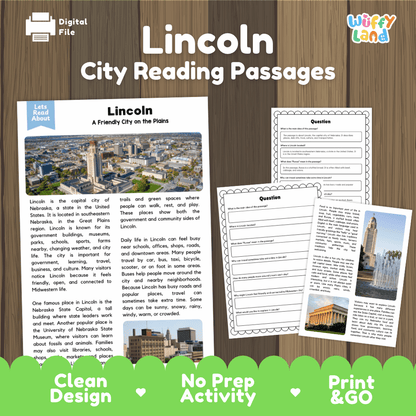 Lincoln city reading passages and comprehension worksheet educational unit featuring nonfiction text and authentic Lincoln Nebraska capitol and plains photography