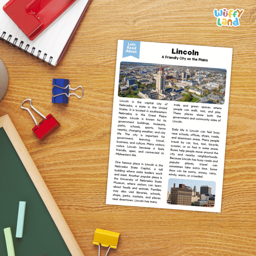 Lined reading comprehension question worksheet covering main ideas vocabulary terms and landmark facts about Lincoln Nebraska