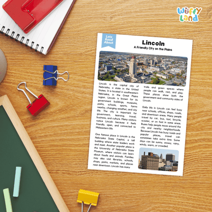 Lined reading comprehension question worksheet covering main ideas vocabulary terms and landmark facts about Lincoln Nebraska