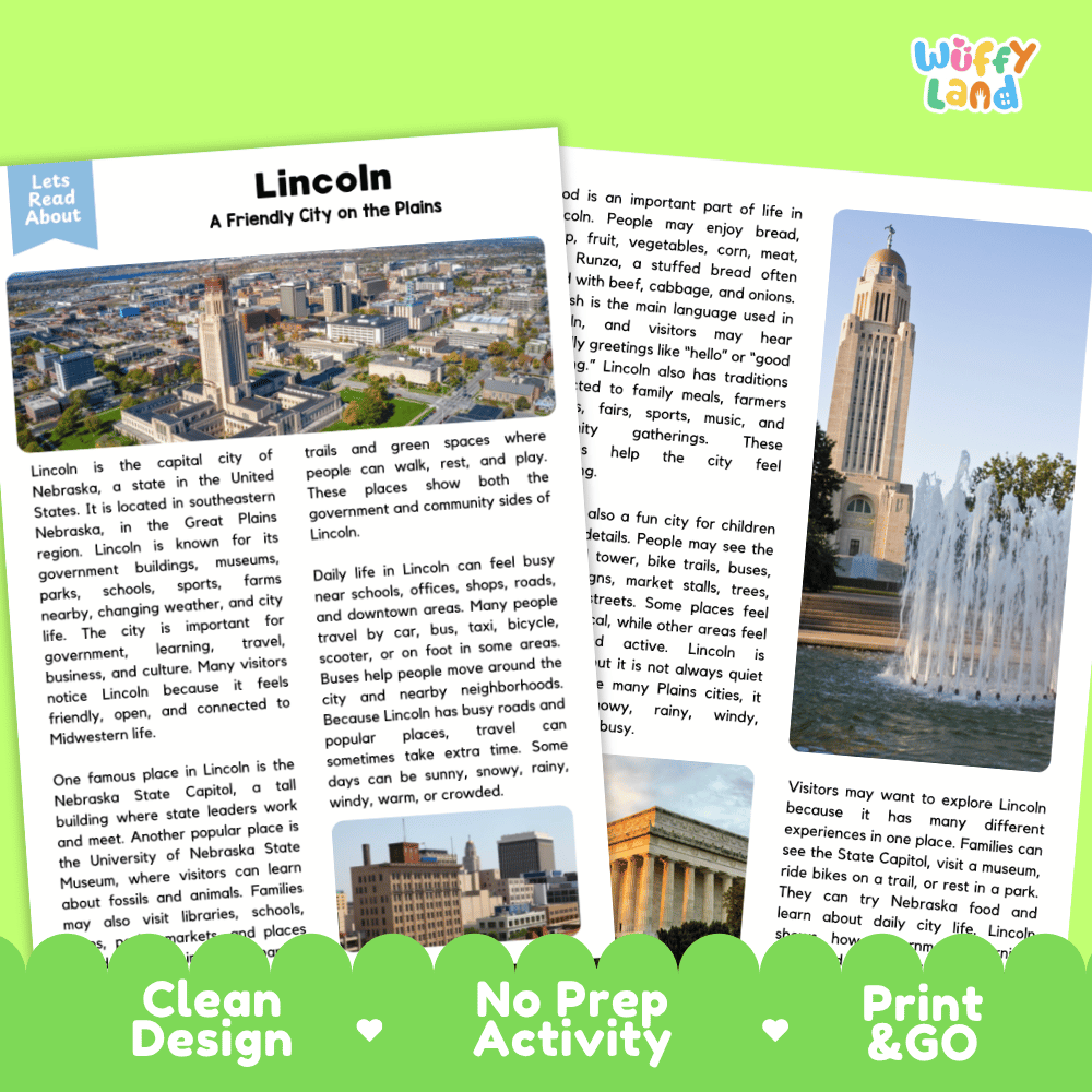 Reference sheet and answer key for Lincoln landmark reading passage displaying completed comprehension answers and United States geography facts