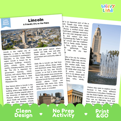 Reference sheet and answer key for Lincoln landmark reading passage displaying completed comprehension answers and United States geography facts