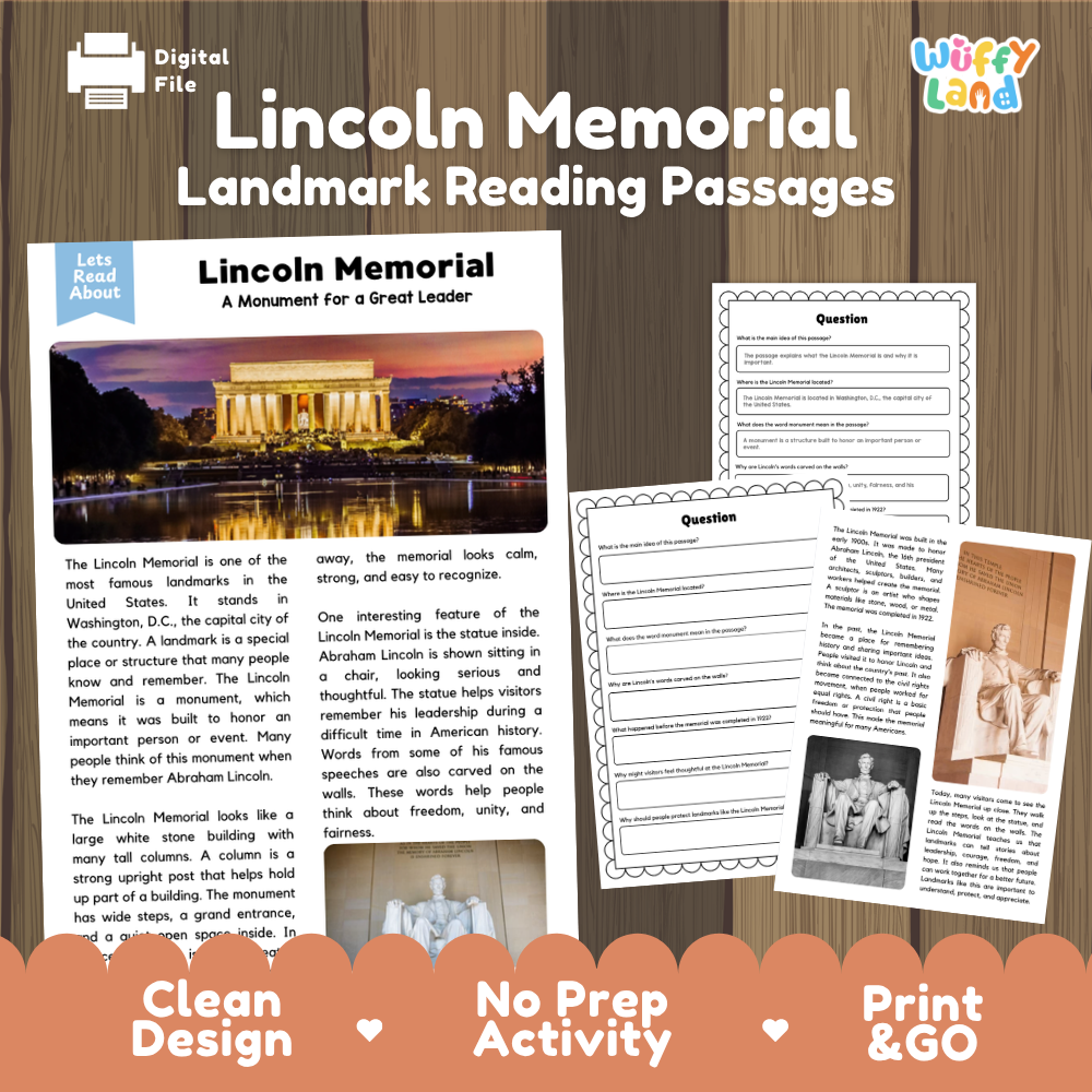 Lincoln Memorial Landmark Reading Passages and Comprehension Questions Worksheets