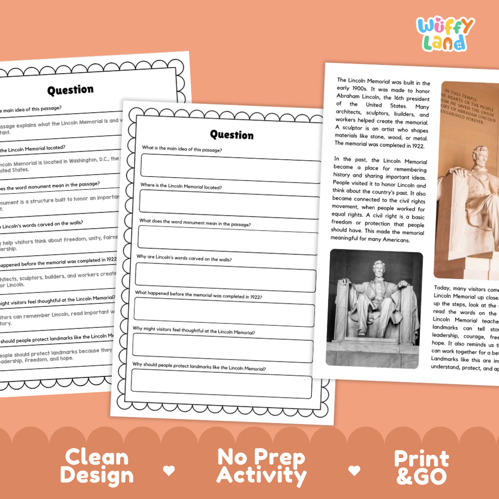Lincoln Memorial Landmark Reading Passages and Comprehension Questions Worksheets