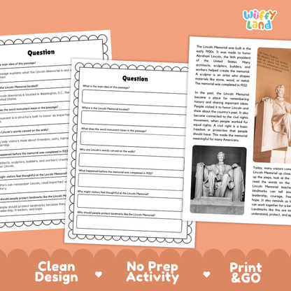 Lincoln Memorial Landmark Reading Passages and Comprehension Questions Worksheets