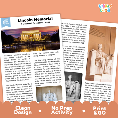 Lincoln Memorial Landmark Reading Passages and Comprehension Questions Worksheets