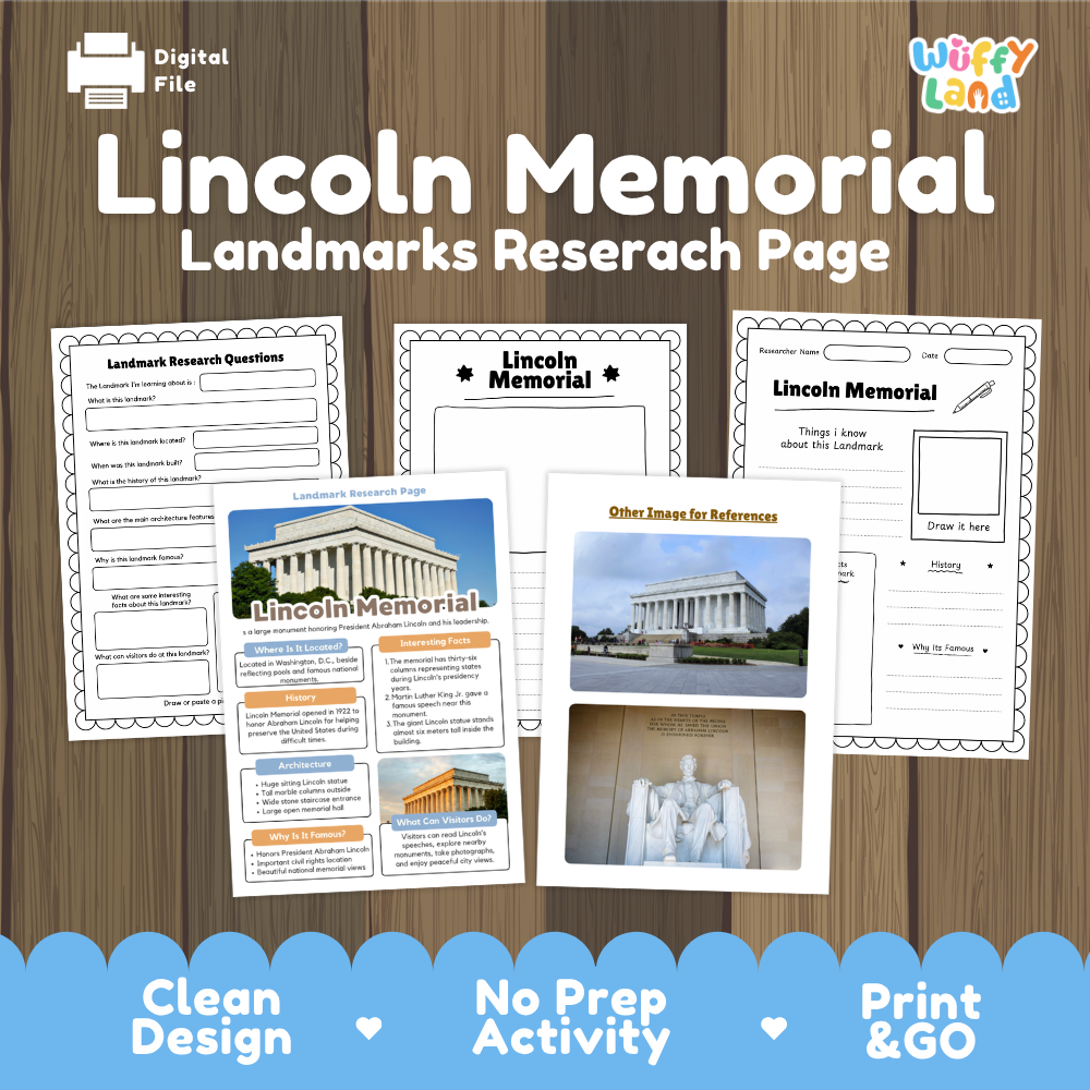 Digital preview of a Lincoln Memorial landmarks research page activity sheet set by Wiffy Land, displayed on a wood-grain background with a blue banner at the bottom highlighting key features.