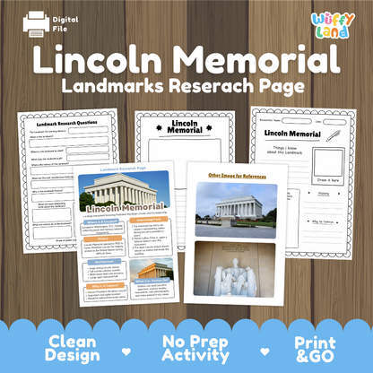 Digital preview of a Lincoln Memorial landmarks research page activity sheet set by Wiffy Land, displayed on a wood-grain background with a blue banner at the bottom highlighting key features.