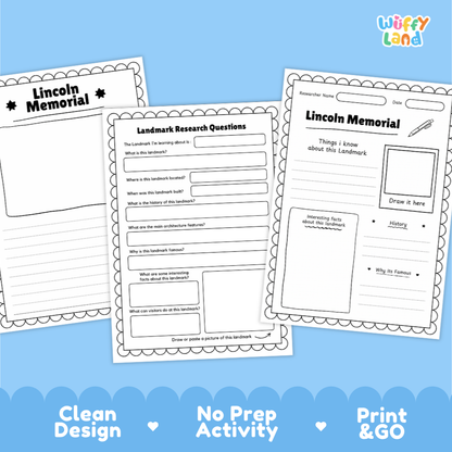 Three printable worksheet pages about the Lincoln Memorial are shown on a light blue background with decorative text reading 'Clean Design', 'No Prep Activity', and 'Print & GO'. The worksheets are white with black outlines and text, and the 'Wiffy Land' logo appears in the top right.