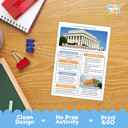 A printed educational activity sheet titled 'Lincoln Memorial' lies on a wooden desk, surrounded by school supplies including a spiral notebook, binder clips, and a chalkboard. The sheet has a colorful layout with text boxes, a map, and a photo of the Lincoln Memorial.