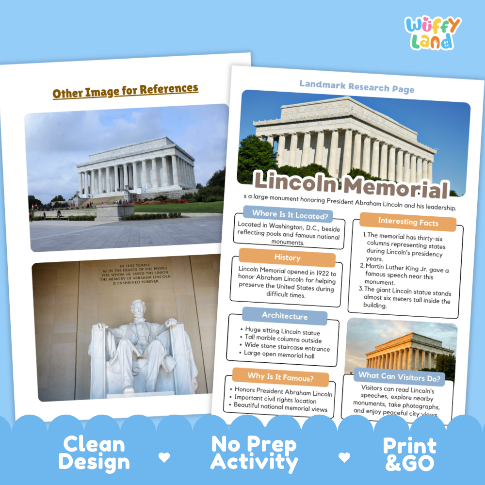 A printed educational poster about Lincoln Memorial is shown on a light blue background with marketing text reading 'Other Image for References,' 'Landmark Research Page,' and 'Clean Design No Prep Activity Print & GO.' The poster features a large photo of the Lincoln Memorial, smaller inset images, and labeled informational boxes.