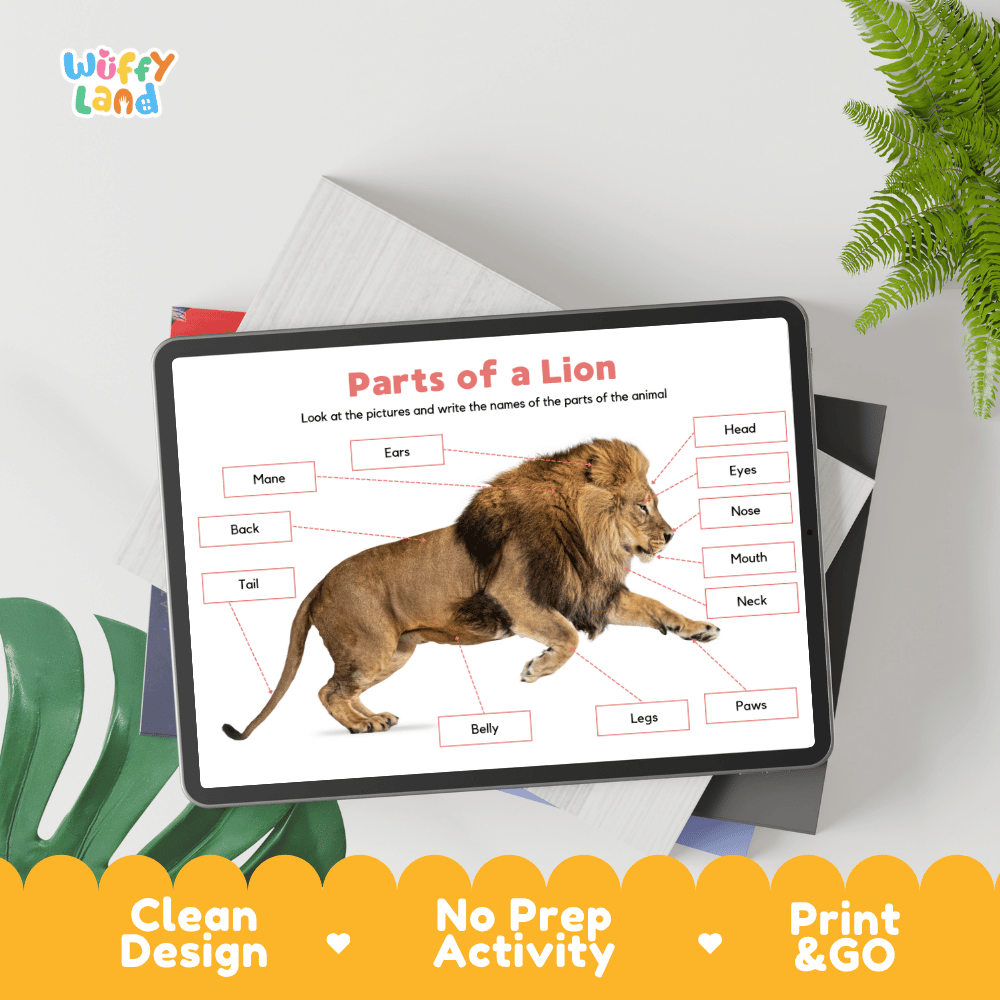 Hands-on lion anatomy cut and paste worksheet with printable word tags, callout pointer lines, and scissors graphic