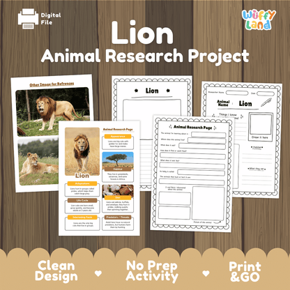 A digital preview graphic for a 'Lion Animal Research Project' activity bundle by Wiffy Land, showing printable worksheets and reference cards on a wood-grain background with promotional text at the bottom.