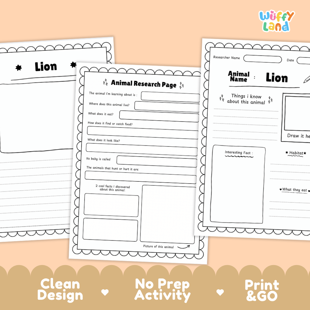 Three printable worksheet pages for animal research are shown on a peach background, with the center page titled 'Animal Research Page' and the others titled 'Lion' and 'Animal Name'. The pages are white with black text and borders, and the brand 'Wiffy Land' appears in the top right.
