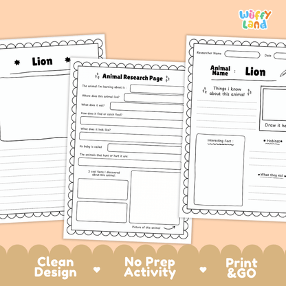 Three printable worksheet pages for animal research are shown on a peach background, with the center page titled 'Animal Research Page' and the others titled 'Lion' and 'Animal Name'. The pages are white with black text and borders, and the brand 'Wiffy Land' appears in the top right.
